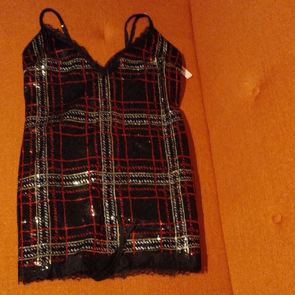 Black Plaid Sequin Slip Dress with Lace Trim